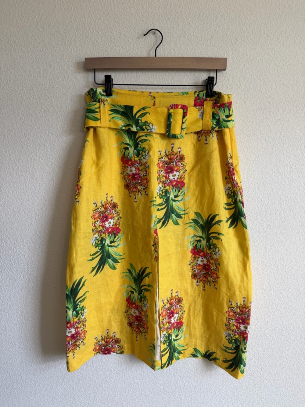 FARM Rio Golden Pineapples Linen Pencil Midi Skirt, Front Slit
